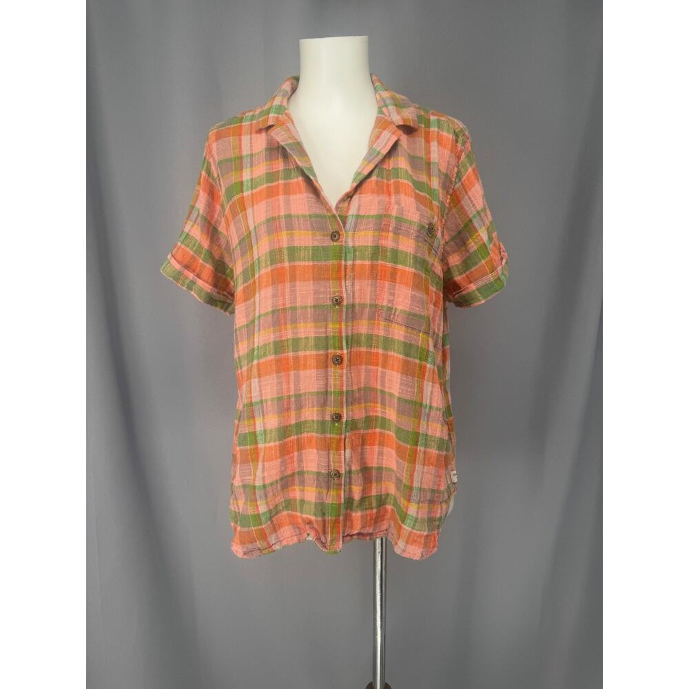 Toad&Co Camp Cove Shirt Womens Large Pink Green Plaid Organic Cotton
